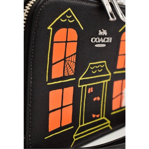 Coach Black Mini Top-Handle Bag with Orange and Yellow Halloween Motif - Picture 2 of 6